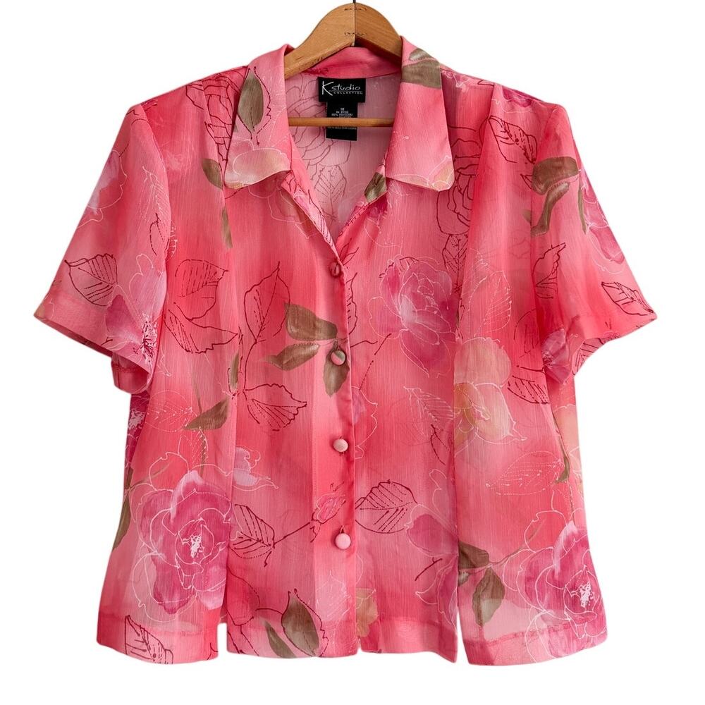 Vintage 90s Y2K Pink Floral Blouse Top Garden Fairy Coquette Romantic Button Up